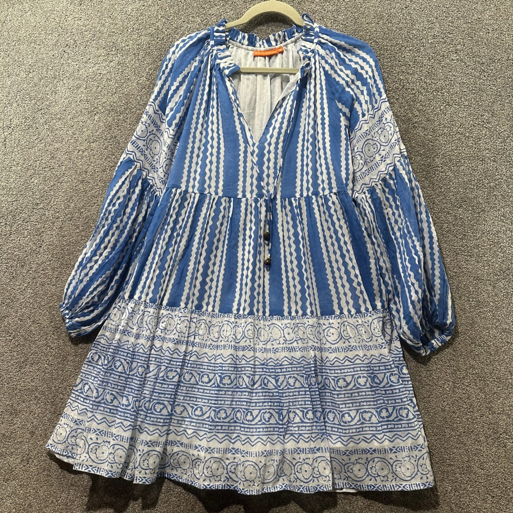 Oliphant Ziggy Blue Cotton Tiered Mini Dress Small Baloon Sleeve V Neck Tassels
